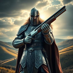 A knight in ornate, medieval armor holding a double-barrel shotgun, standing heroically in a fantasy landscape