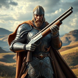 A knight in ornate, medieval armor holding a double-barrel shotgun, standing heroically in a fantasy landscape
