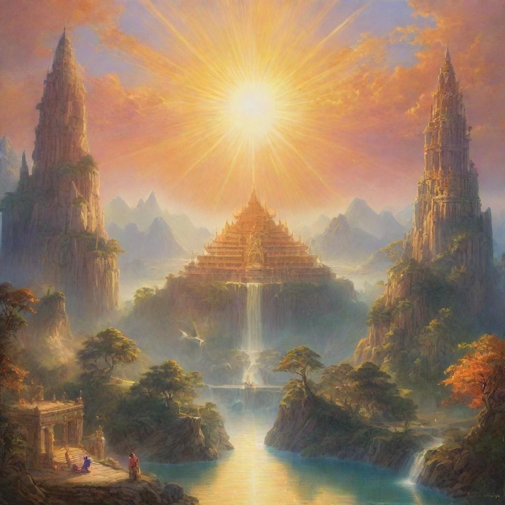 A radiant scene depicting a resplendent kingdom under the constant beam of an everlasting sun.