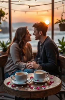 A romantic scene featuring a cozy cafe setting with two cups of steaming coffee on a small wooden table