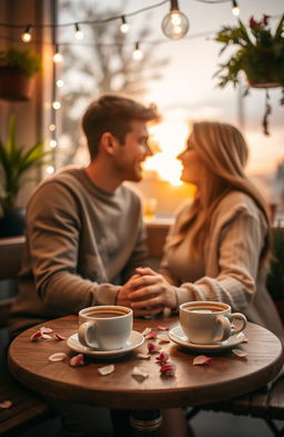 A romantic scene featuring a cozy cafe setting with two cups of steaming coffee on a small wooden table