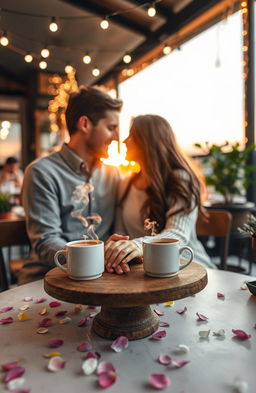 A romantic scene featuring a cozy cafe setting with two cups of steaming coffee on a small wooden table