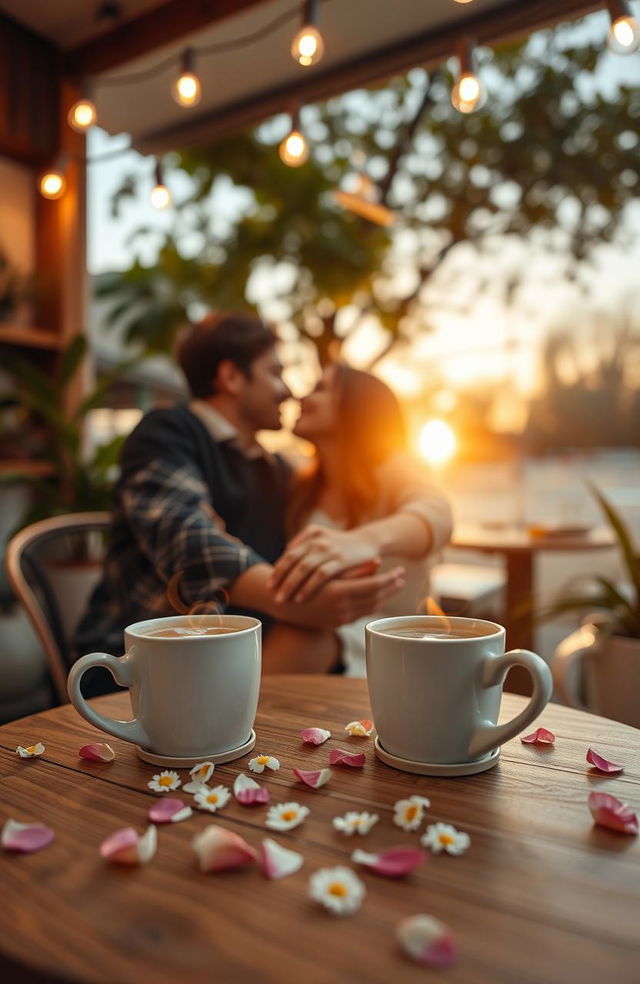 A romantic scene featuring a cozy cafe setting with two cups of steaming coffee on a small wooden table