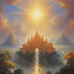 A radiant scene depicting a resplendent kingdom under the constant beam of an everlasting sun.