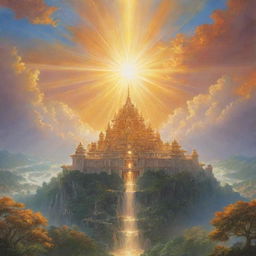 A radiant scene depicting a resplendent kingdom under the constant beam of an everlasting sun.