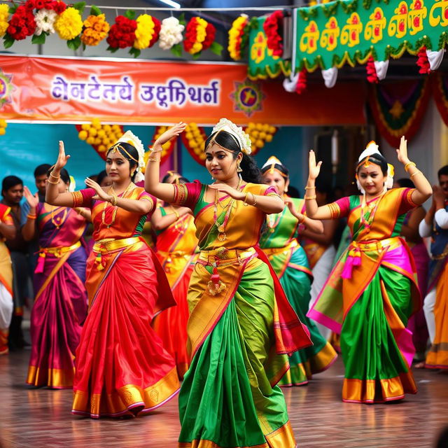 A vibrant and colorful celebration of Tamil culture featuring traditional dancers adorned in beautiful attire, performing in a festive setting