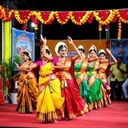 A vibrant and colorful celebration of Tamil culture featuring traditional dancers adorned in beautiful attire, performing in a festive setting