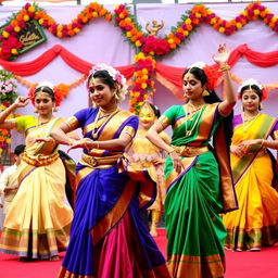 A vibrant and colorful celebration of Tamil culture featuring traditional dancers adorned in beautiful attire, performing in a festive setting