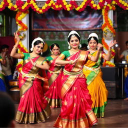 A vibrant and colorful celebration of Tamil culture featuring traditional dancers adorned in beautiful attire, performing in a festive setting
