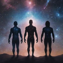 A group of cosmic beings, embodying the power of the universe, standing together amidst a star-filled background.