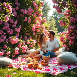 A romantic outdoor scene titled 'A Thousand Days in the Tapestry of Us,' featuring a lush garden overflowing with vibrant green foliage and blooming pink flowers