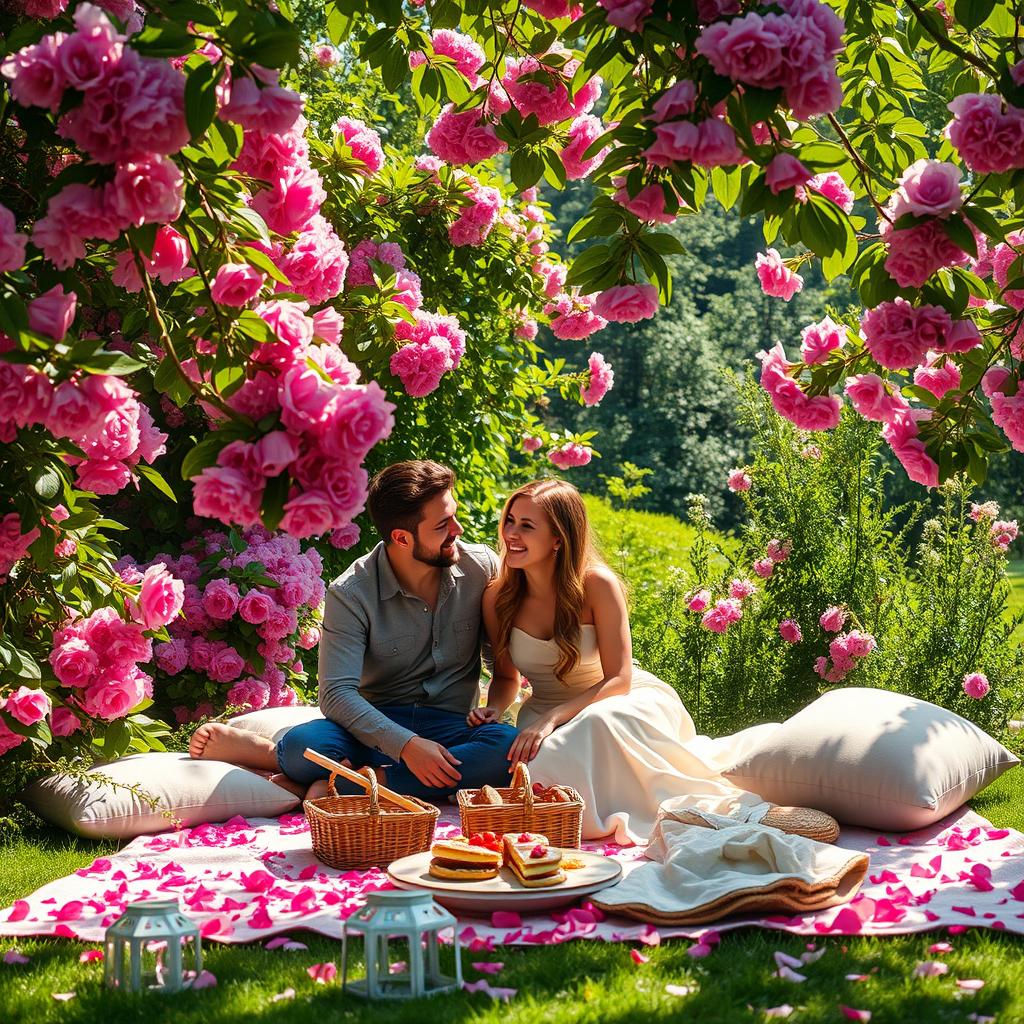 A romantic outdoor scene titled 'A Thousand Days in the Tapestry of Us,' featuring a lush garden overflowing with vibrant green foliage and blooming pink flowers