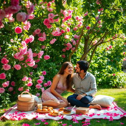 A romantic outdoor scene titled 'A Thousand Days in the Tapestry of Us,' featuring a lush garden overflowing with vibrant green foliage and blooming pink flowers