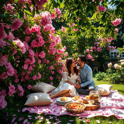 A romantic outdoor scene titled 'A Thousand Days in the Tapestry of Us,' featuring a lush garden overflowing with vibrant green foliage and blooming pink flowers