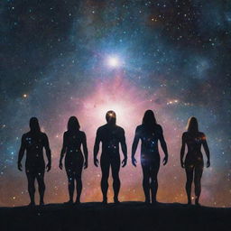 A group of cosmic beings, embodying the power of the universe, standing together amidst a star-filled background.