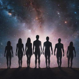 A group of cosmic beings, embodying the power of the universe, standing together amidst a star-filled background.