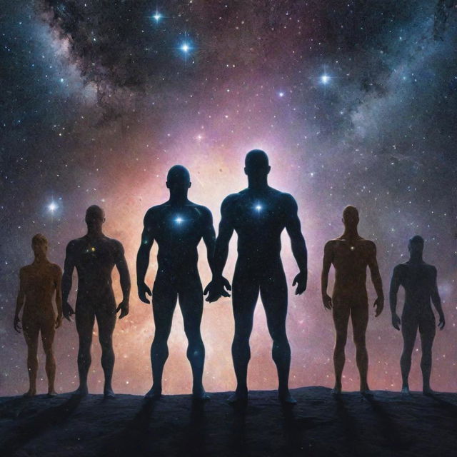 A group of cosmic beings, embodying the power of the universe, standing together amidst a star-filled background.