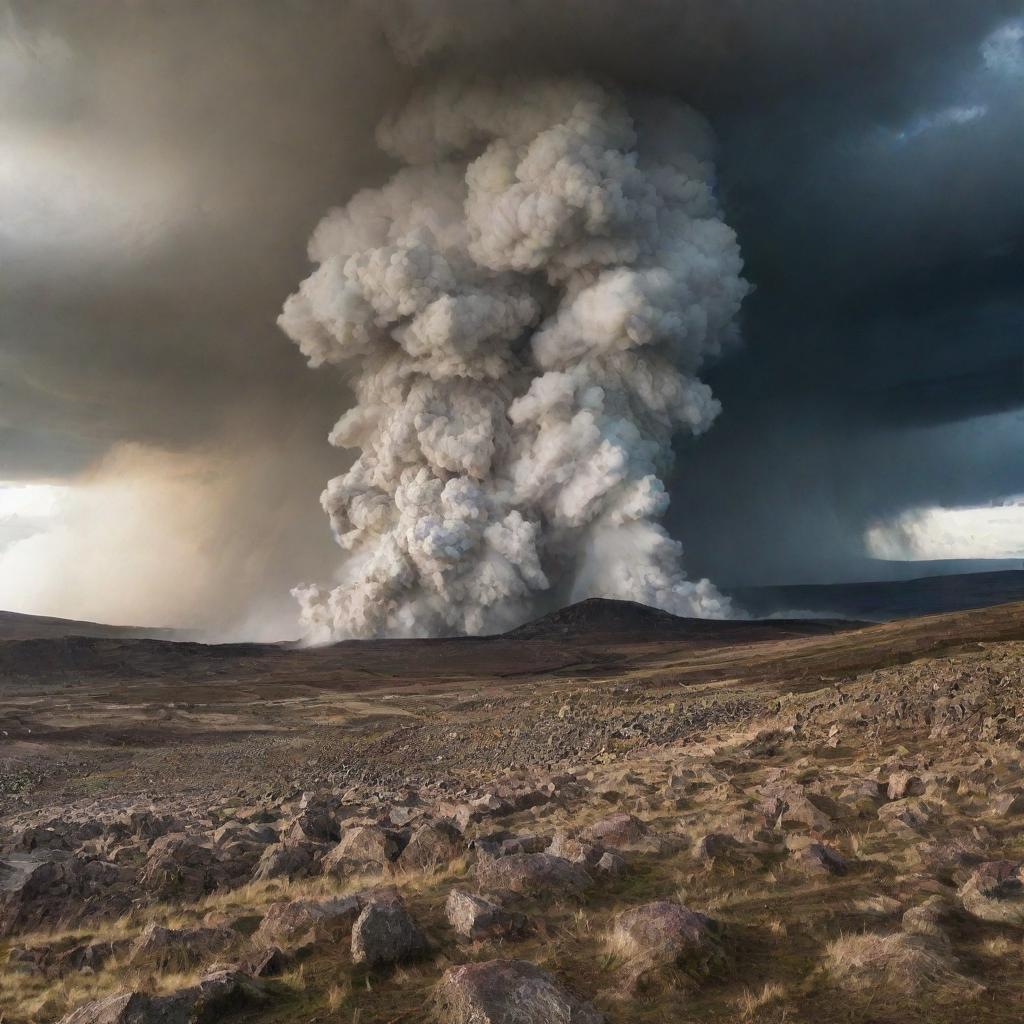 A dramatic scene exhibiting raw, elemental power being invoked, causing massive disturbances in the landscape.