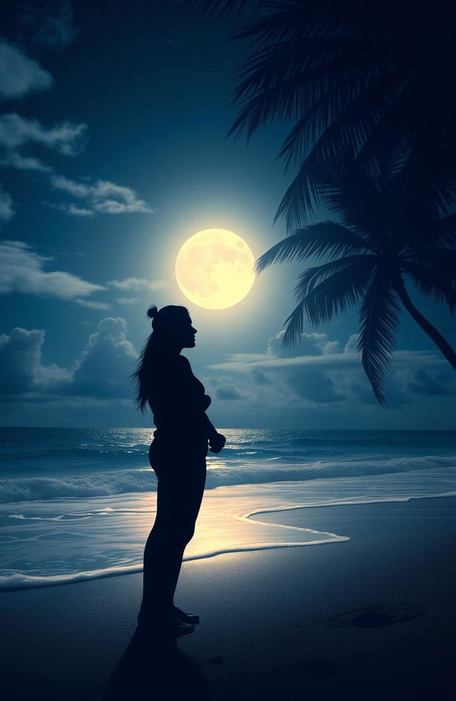 A beautifully atmospheric scene capturing the essence of love and mystery, featuring a couple standing closely on a moonlit beach, their silhouettes barely illuminated by soft silver light