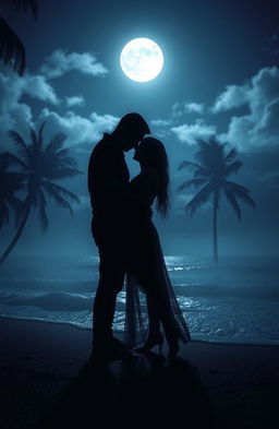A beautifully atmospheric scene capturing the essence of love and mystery, featuring a couple standing closely on a moonlit beach, their silhouettes barely illuminated by soft silver light