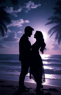 A beautifully atmospheric scene capturing the essence of love and mystery, featuring a couple standing closely on a moonlit beach, their silhouettes barely illuminated by soft silver light