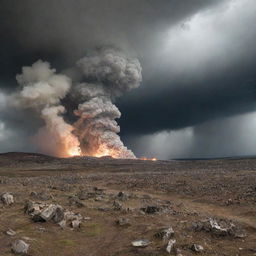 A dramatic scene exhibiting raw, elemental power being invoked, causing massive disturbances in the landscape.