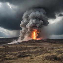 A dramatic scene exhibiting raw, elemental power being invoked, causing massive disturbances in the landscape.