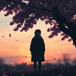 A poignant and emotional scene depicting unrequited love, showcasing a lone figure standing under a blooming cherry blossom tree, petals gently falling around them