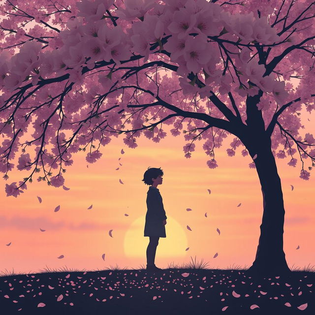 A poignant and emotional scene depicting unrequited love, showcasing a lone figure standing under a blooming cherry blossom tree, petals gently falling around them