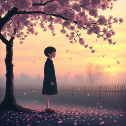 A poignant and emotional scene depicting unrequited love, showcasing a lone figure standing under a blooming cherry blossom tree, petals gently falling around them