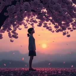 A poignant and emotional scene depicting unrequited love, showcasing a lone figure standing under a blooming cherry blossom tree, petals gently falling around them
