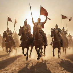 An enthusiastic group of warriors riding towards victory under the glory of an illuminating sun.