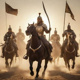 An enthusiastic group of warriors riding towards victory under the glory of an illuminating sun.