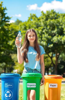 A teenage girl standing in a vibrant park, holding a clear plastic bottle in her right hand