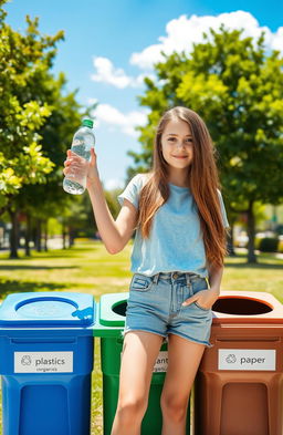 A teenage girl standing in a vibrant park, holding a clear plastic bottle in her right hand