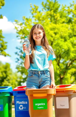 A teenage girl standing in a vibrant park, holding a clear plastic bottle in her right hand