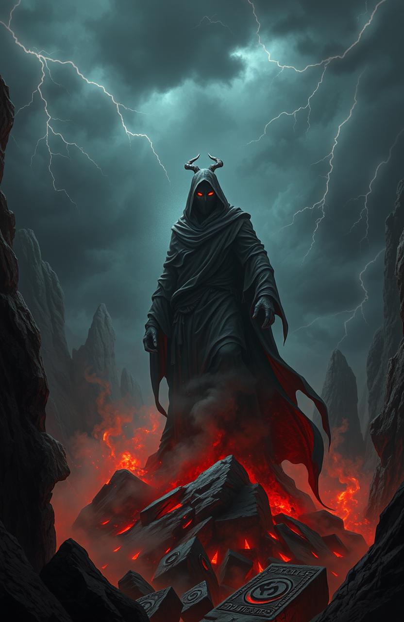 A dark, shadowy figure representing Iblis rises from the depths of the underworld, surrounded by swirling smoke and glowing red embers