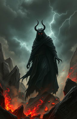 A dark, shadowy figure representing Iblis rises from the depths of the underworld, surrounded by swirling smoke and glowing red embers