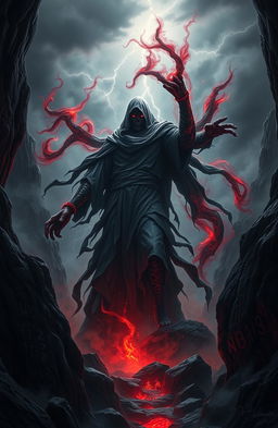 A dark, shadowy figure representing Iblis rises from the depths of the underworld, surrounded by swirling smoke and glowing red embers