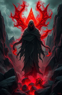 A dark, shadowy figure representing Iblis rises from the depths of the underworld, surrounded by swirling smoke and glowing red embers