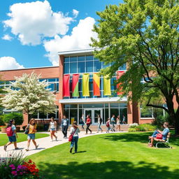 A vibrant and inviting front page of a school, featuring a modern architectural design with large windows and colorful banners