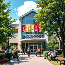 A vibrant and inviting front page of a school, featuring a modern architectural design with large windows and colorful banners