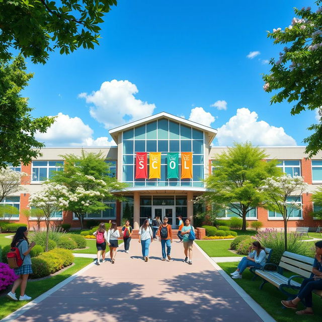 A vibrant and inviting front page of a school, featuring a modern architectural design with large windows and colorful banners