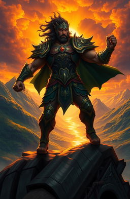 A powerful, majestic figure returning triumphantly to a grand landscape, evoking a sense of awe and strength