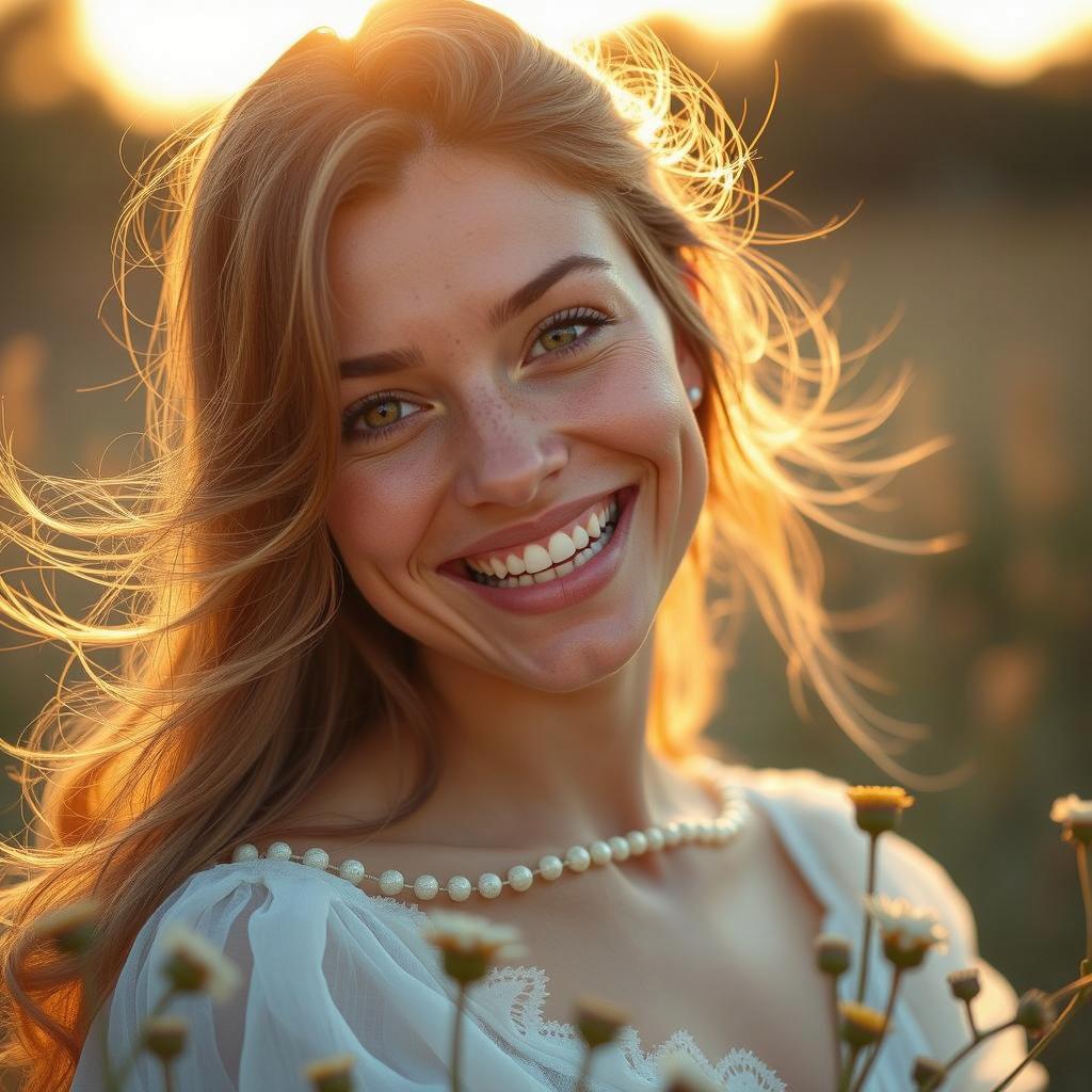 A captivating portrait of a young woman with flowing blonde hair, illuminated by a warm golden sunset