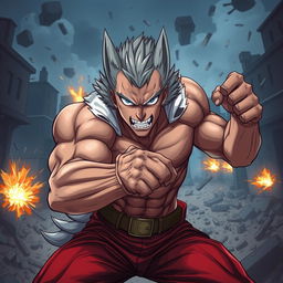 A dynamic and intense portrait of Garou, the character from 'One Punch Man', depicted in an action-packed pose