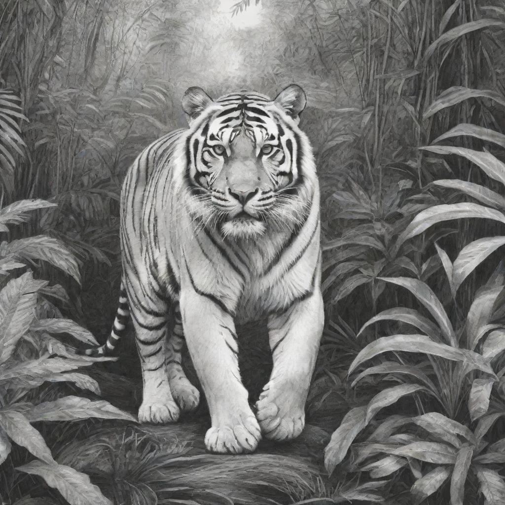 A black and white line art drawing of a majestic tiger prowling in a lush jungle.