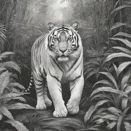 A black and white line art drawing of a majestic tiger prowling in a lush jungle.