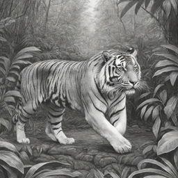 A black and white line art drawing of a majestic tiger prowling in a lush jungle.