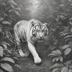 A black and white line art drawing of a majestic tiger prowling in a lush jungle.